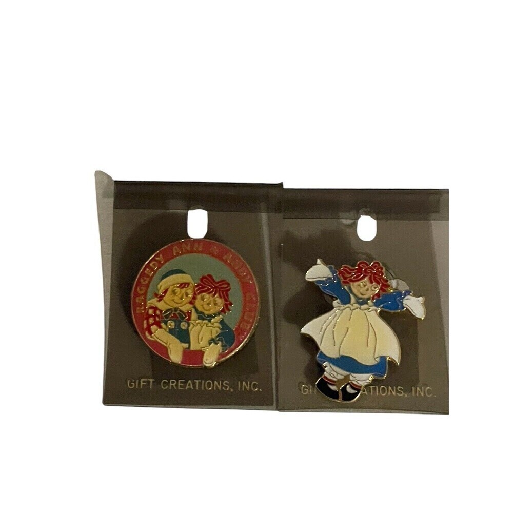1988 Vintage Raggedy Ann Red Blue White Small Enamel Pin Gold Tone Set Of 2 RARE